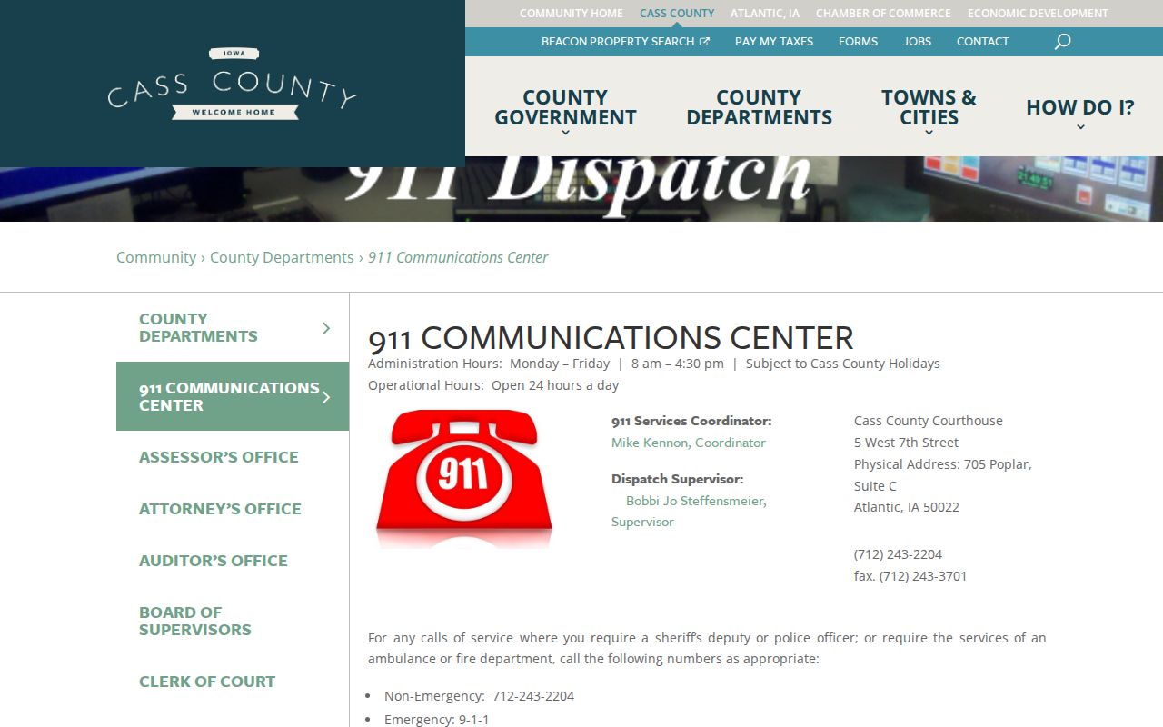 Cass County 911 Communications page listing agency report request contacts