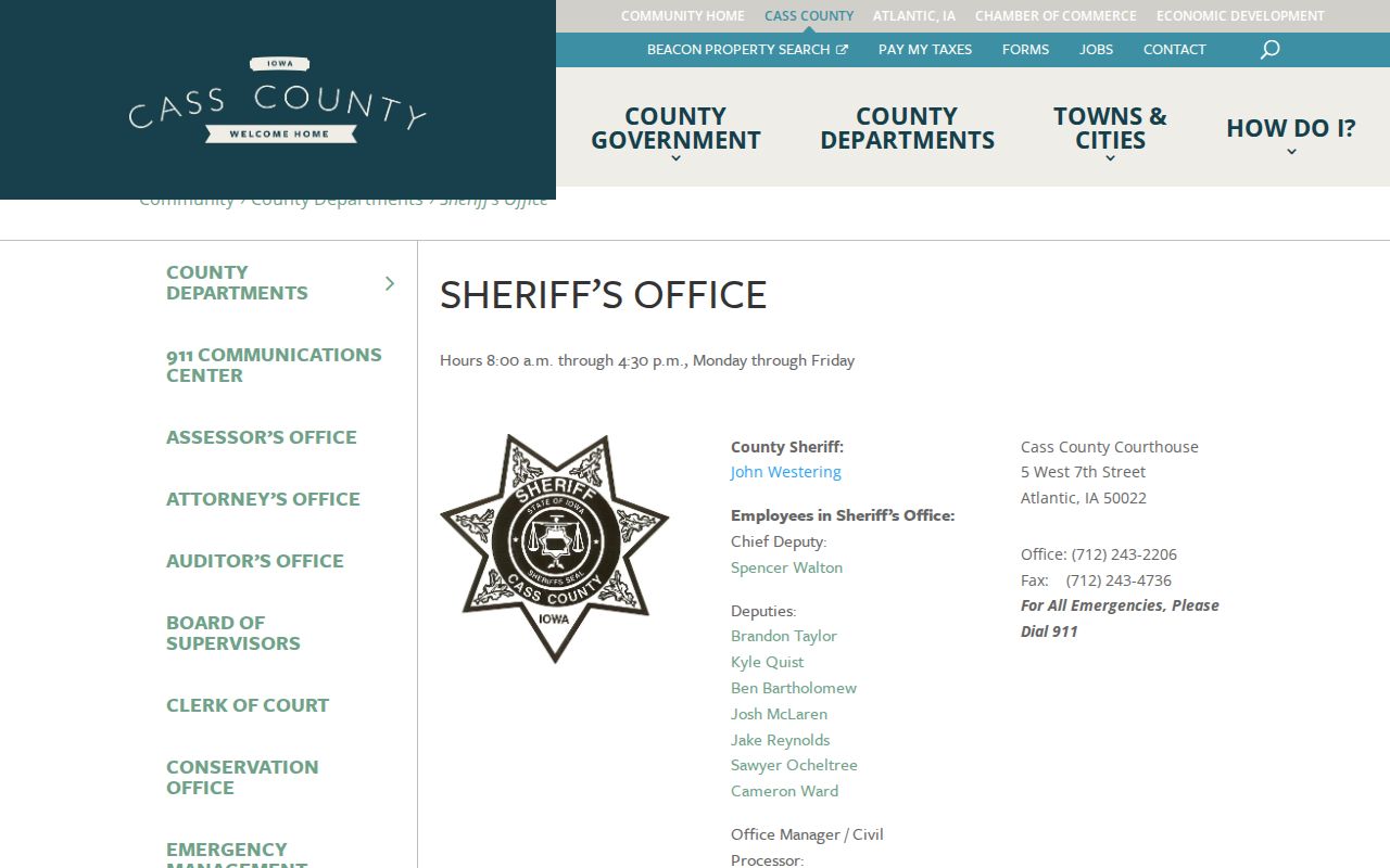 Cass County Sheriff official page with jail roster and contact links