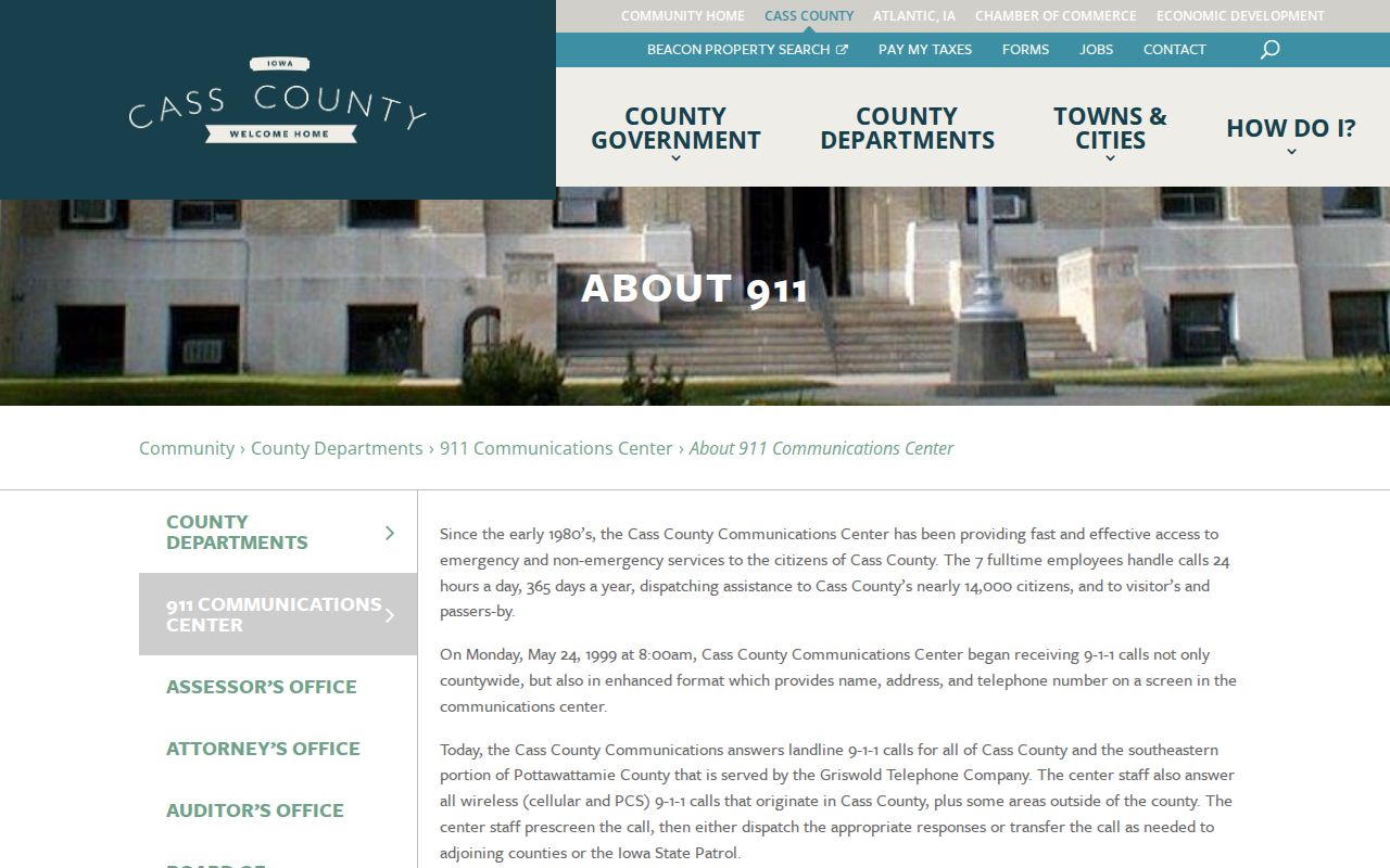 Cass County About 911 page explaining communications and warrant system access