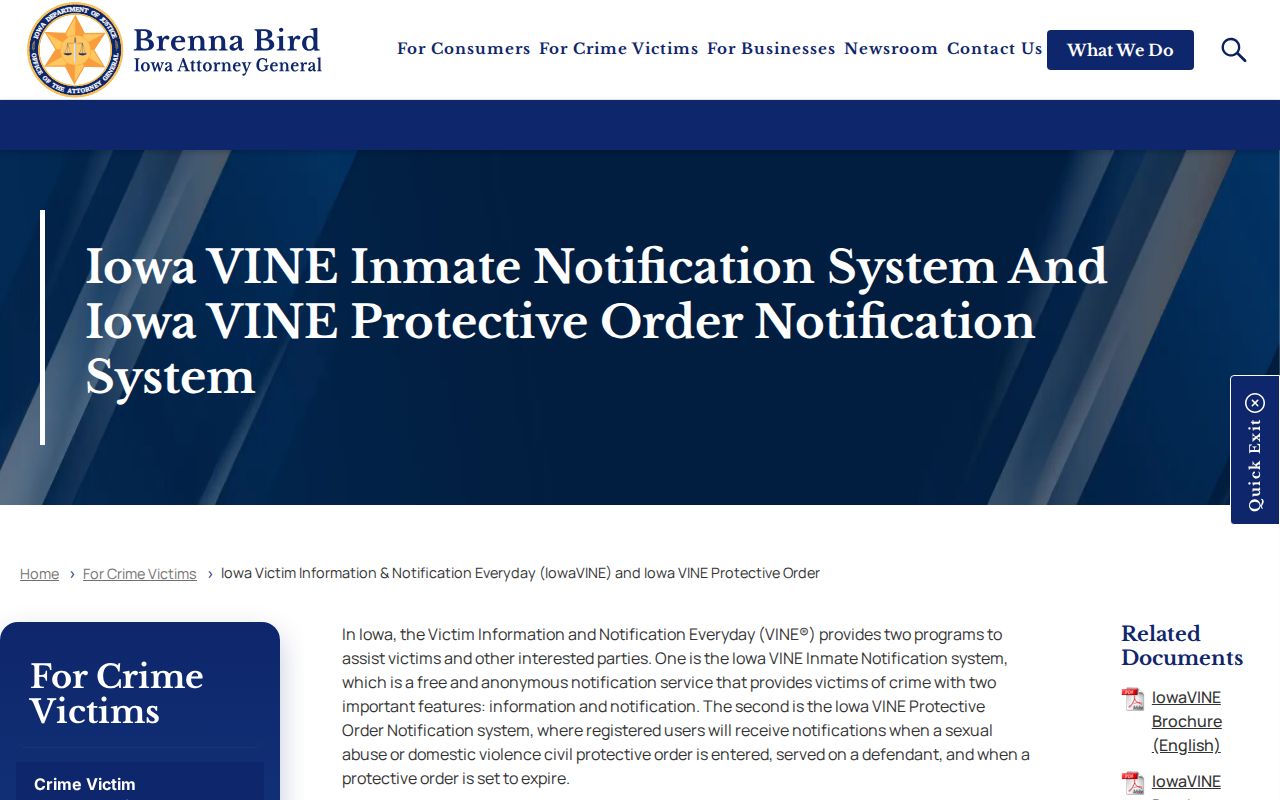 Iowa Attorney General IowaVINE custody information and notification page