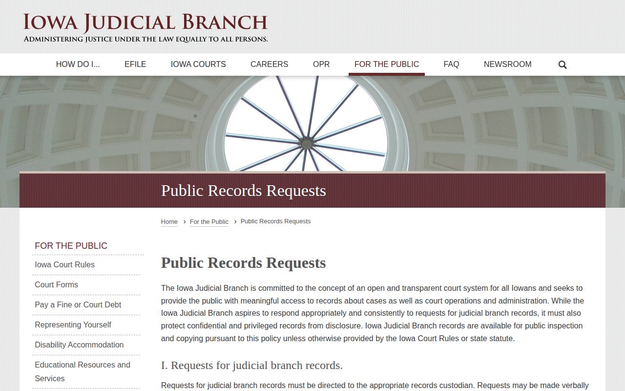 Iowa Judicial Branch public records request information page