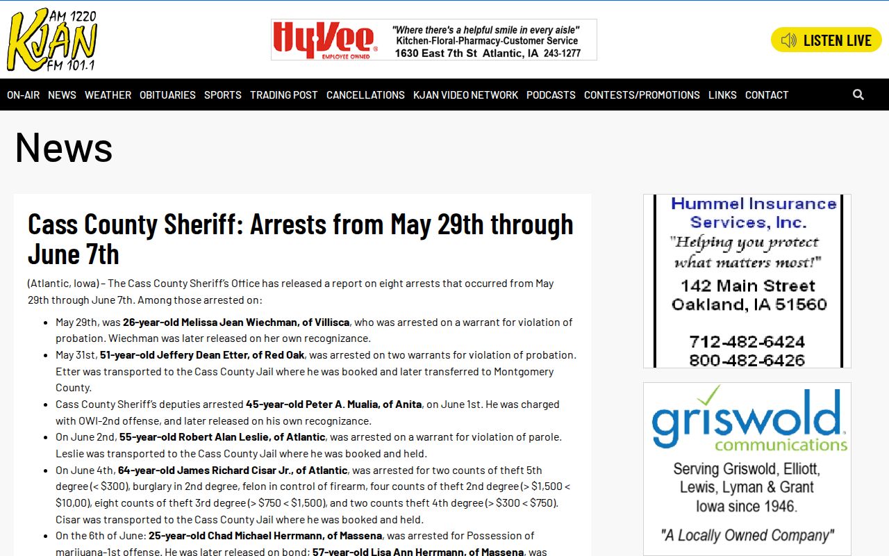 KJAN multi-day Cass County sheriff arrest report